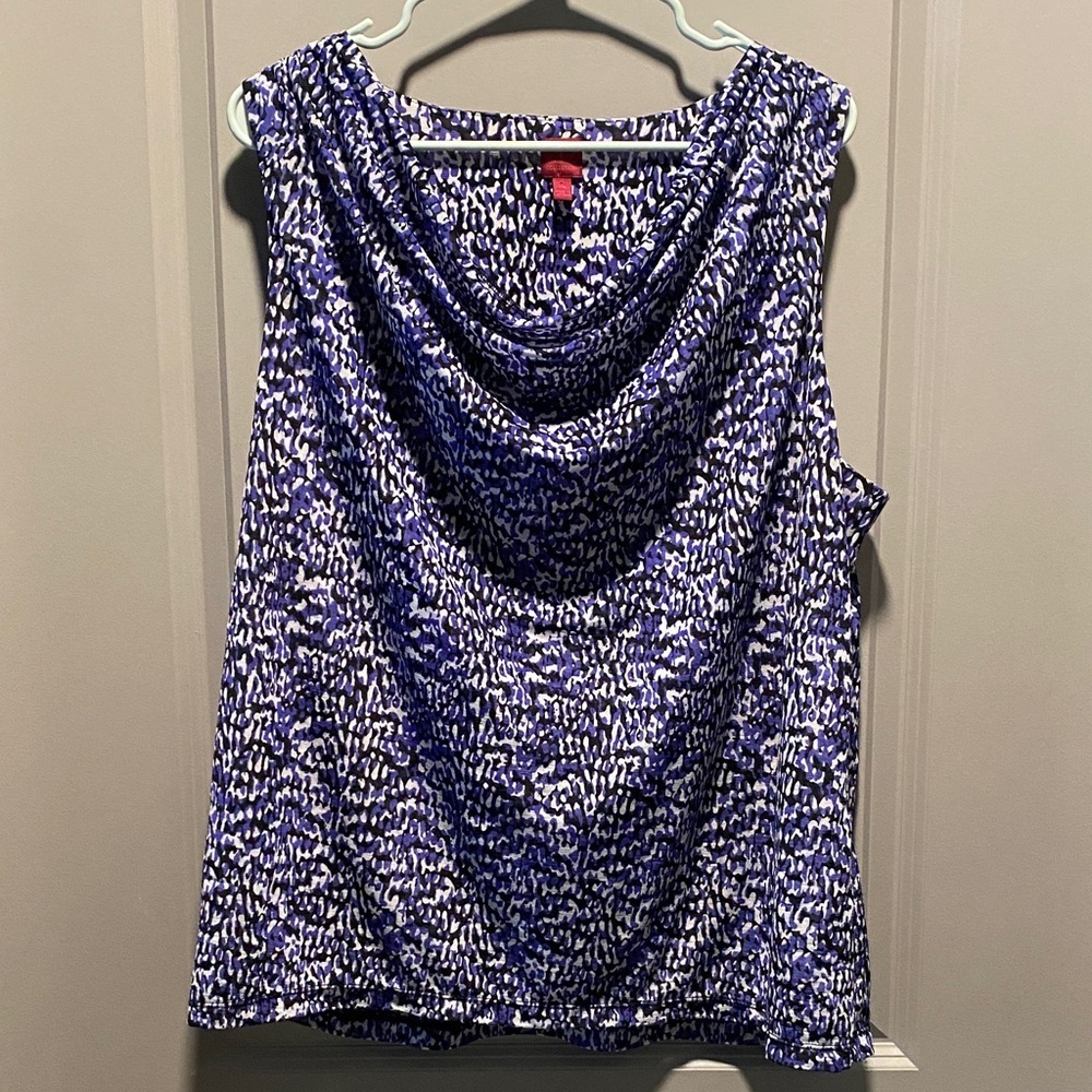 Cowl Neck Blouse XL Blue White Sleeveless Draped Business Casual Top Office Tank